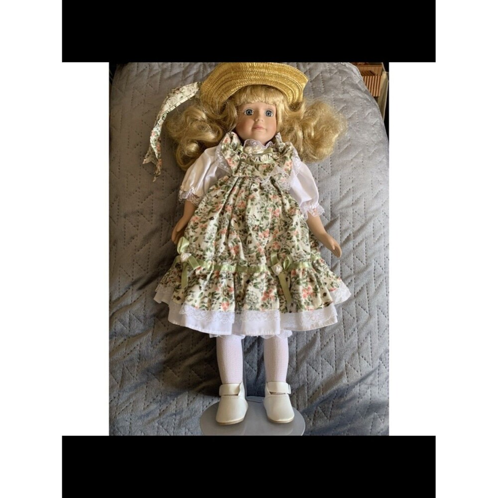 Vintage Porcelain Doll 17" Blonde Hair Blue Eyes Green Floral Dress Straw Hat